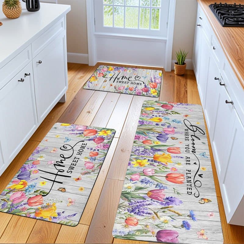 TEMU 1/2/3pcs Spring Floral Mat Set - Soft Flannel Non-slip Kitchen Suitable For Bathroom Bedroom Living Room Porch Rv, Pastel Spring Mat With Pvc Backing, Machine Washable Easy Clean (1/2/3pcs)