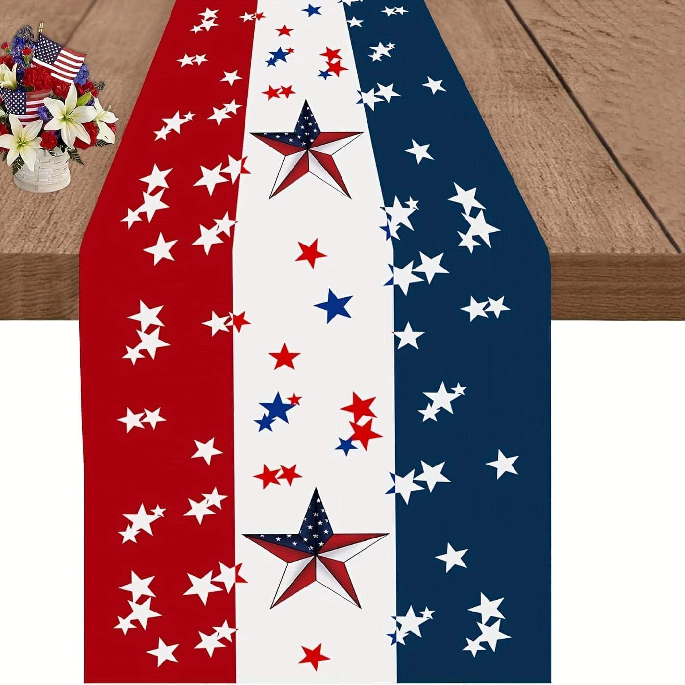 TEMU 1pc Linen Day Table Runner- Red White And Blue Patriotic Stars And , 13x48/72/108 Inch Rectangular Holiday Table Decoration For July 4th, Kitchen And Dining Room, Day Decorations