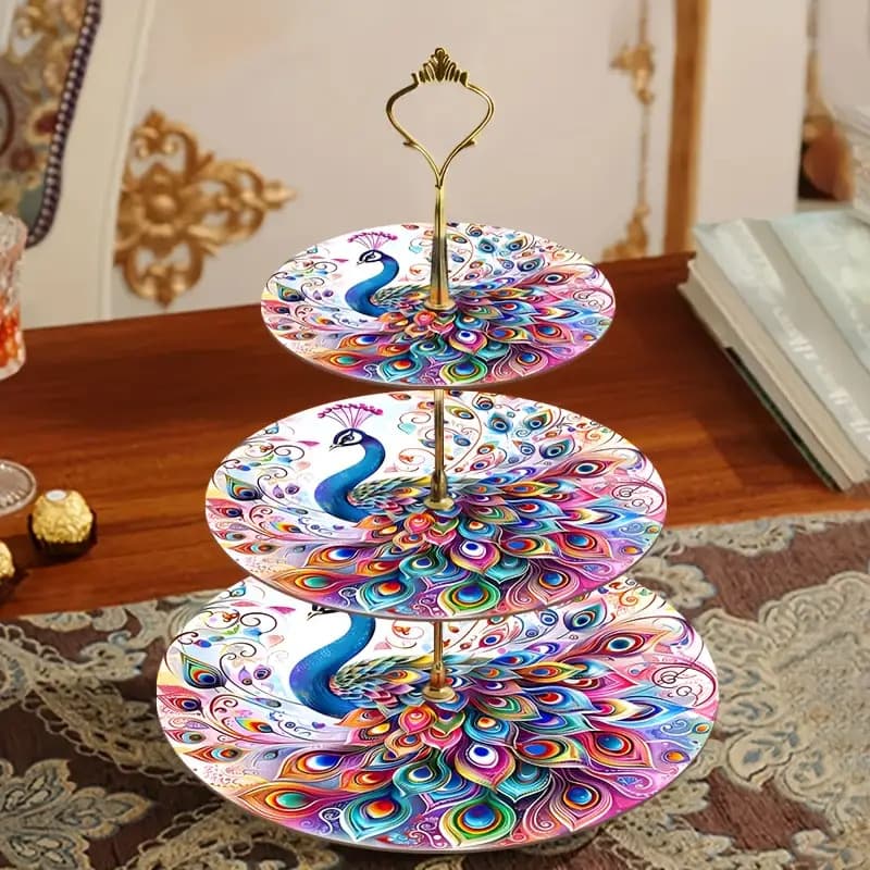 TEMU 1pc Three-layer Wooden Exquisite Display Tray And Colorful Peacock Pattern Theme Display Tray, Perfect For Weddings, Birthdays, Easter, Thanksgiving, Valentine's Day, ,