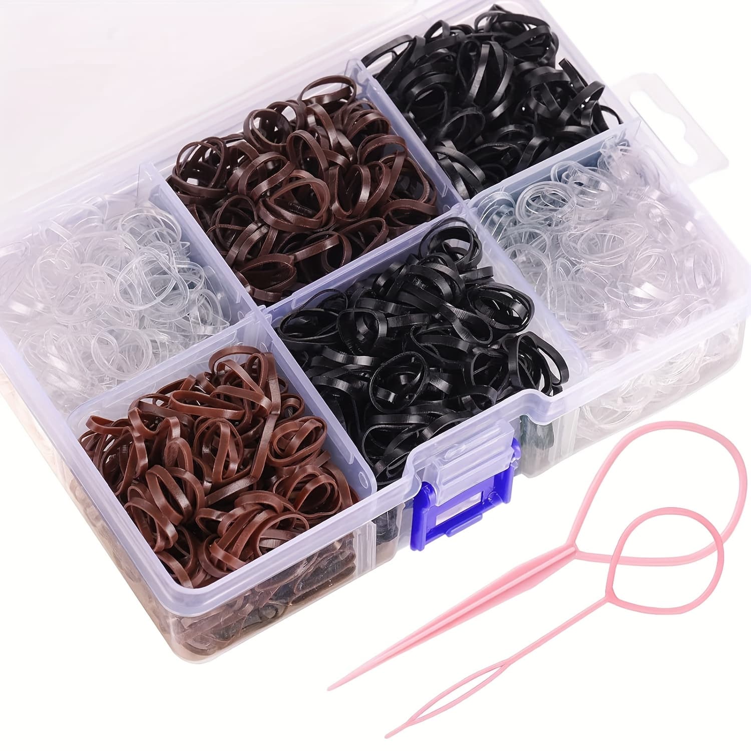 TEMU A Set Of 2500 Ties For Everyday Use, Along With 2 Styling Tools And 1 Adjustable Storage Box In Black, Transparent, Brown, And Dark Brown, For Birthday Presents