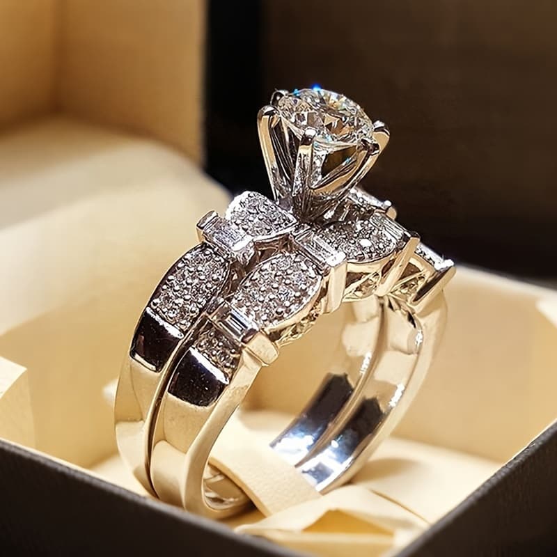 TEMU 2pcs Elegant Sparkling Stackable Ring Set - Vintage , Ideal For Weddings, Engagements, And Anniversary Christmas Gifts