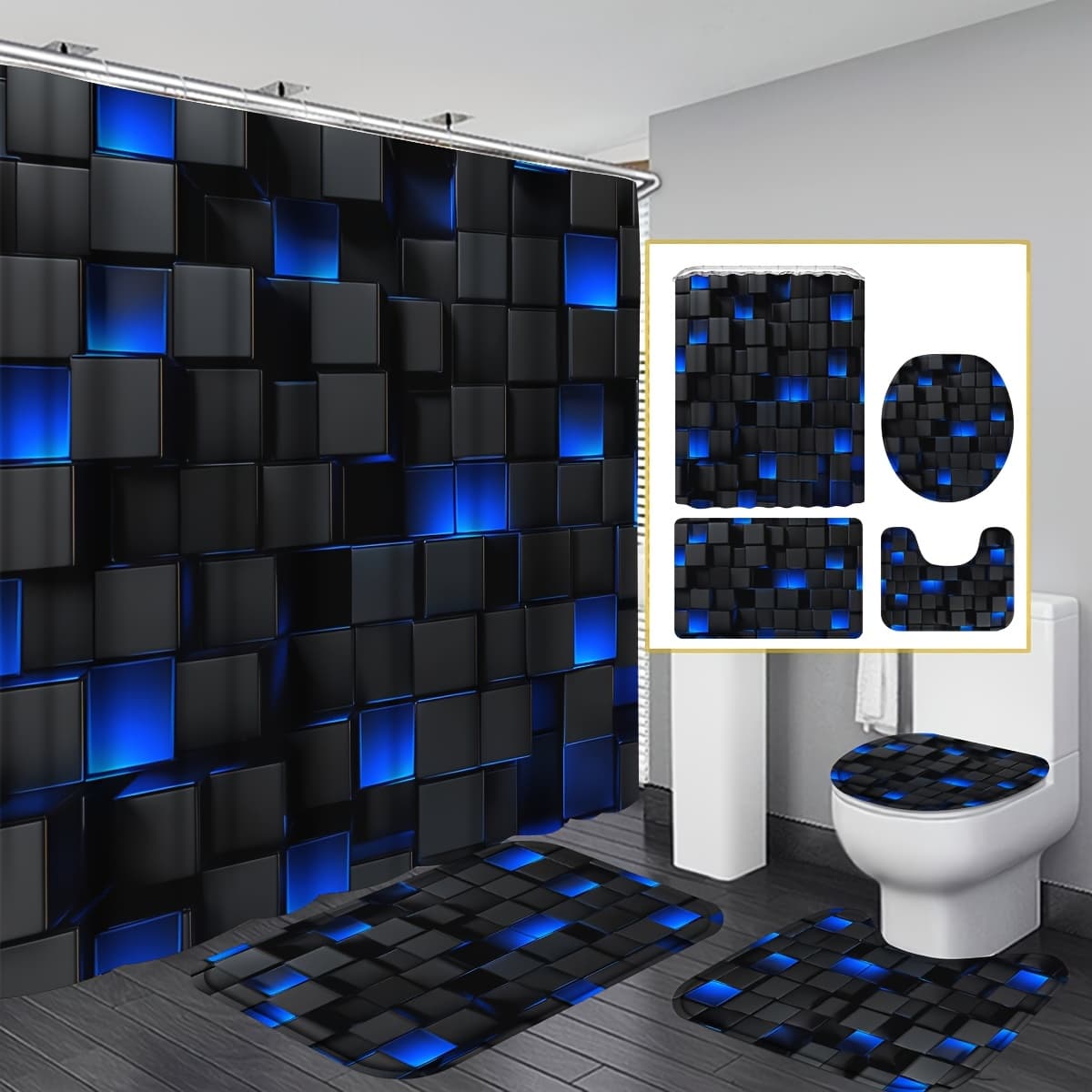 TEMU Four-piece Set Of A Dark Blue Shower Curtain Featuring A Geometric Square Design, Complete Includes 12 Hooks, Shower Curtain, U-shaped, And Toilet Lid Cover