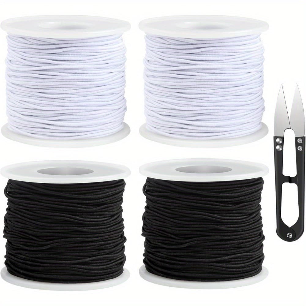 TEMU 4pcs Elastic Beading Cord With Scissors - 1mm X 50m Stretchy Rubber Band For , Bracelets, Necklaces, Charms & Crafts - Black & White
