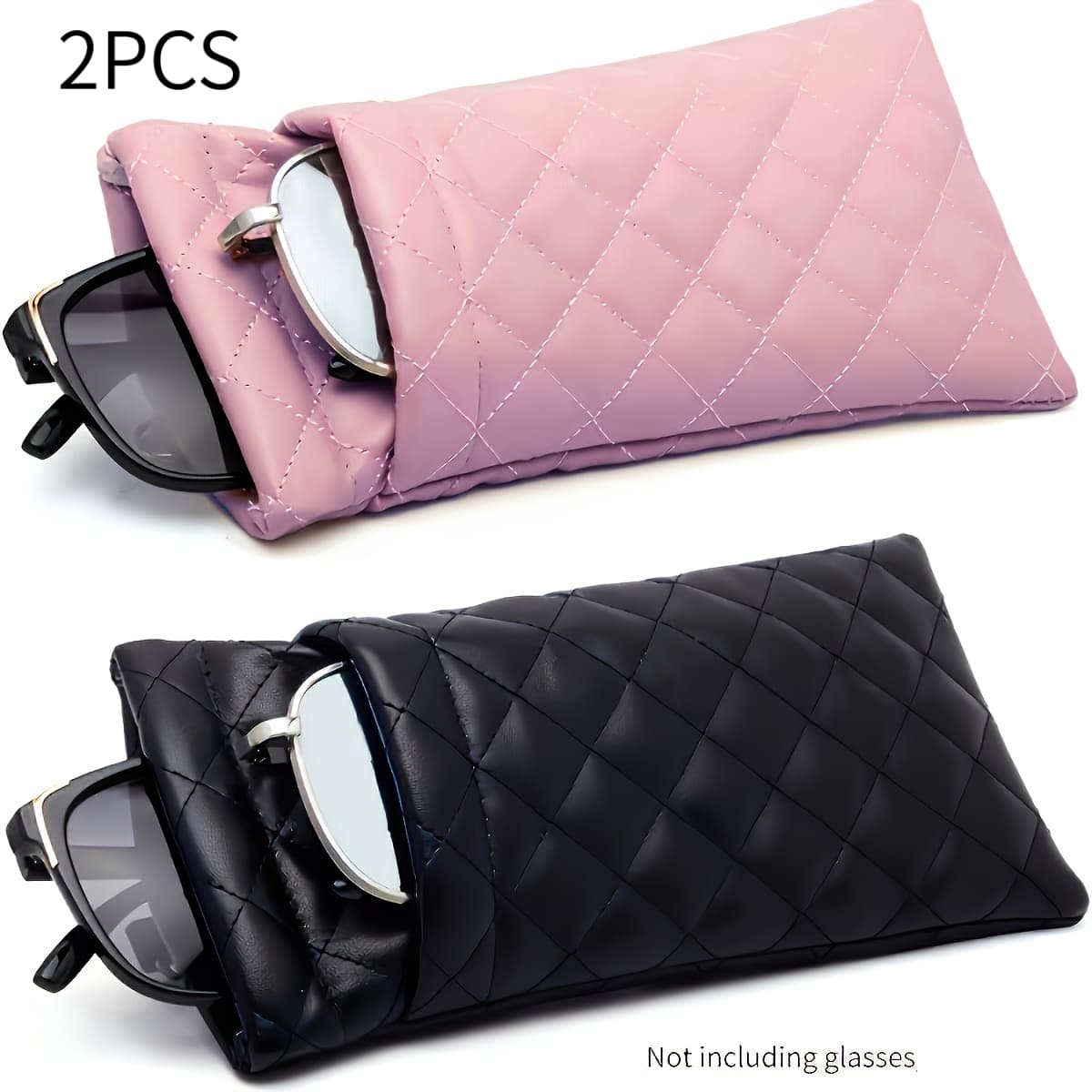 TEMU 2-pack Of Ready-to-open Glasses Case, Soft Quilted Leatherette Pouch With Spring Opening, Portable Organizer For, Reading Glasses And Smartphone, Padded Case