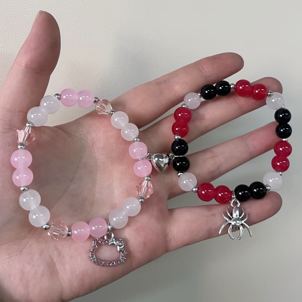 TEMU 2pcs Bohemian Style Elastic Beaded Bangle Bangle Bracelet Set With Spider And Kitty Cat Pendant, Unisex Glass Bead Jewelry, Best Friend Gift, Red Alloy Charm Bangle Bangle Bracelet For Couples