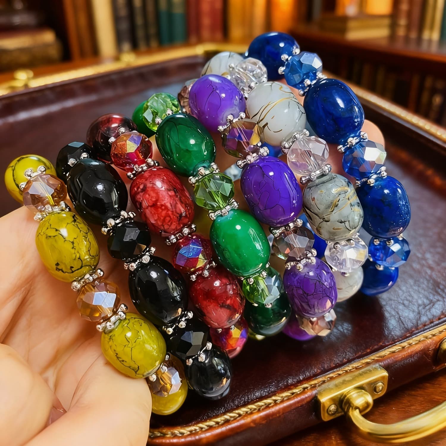 TEMU 7pcs Stained Glass Bead Bracelet Set | Elastic Bracelet Jewelry Set, Christmas Gift, Perfect For