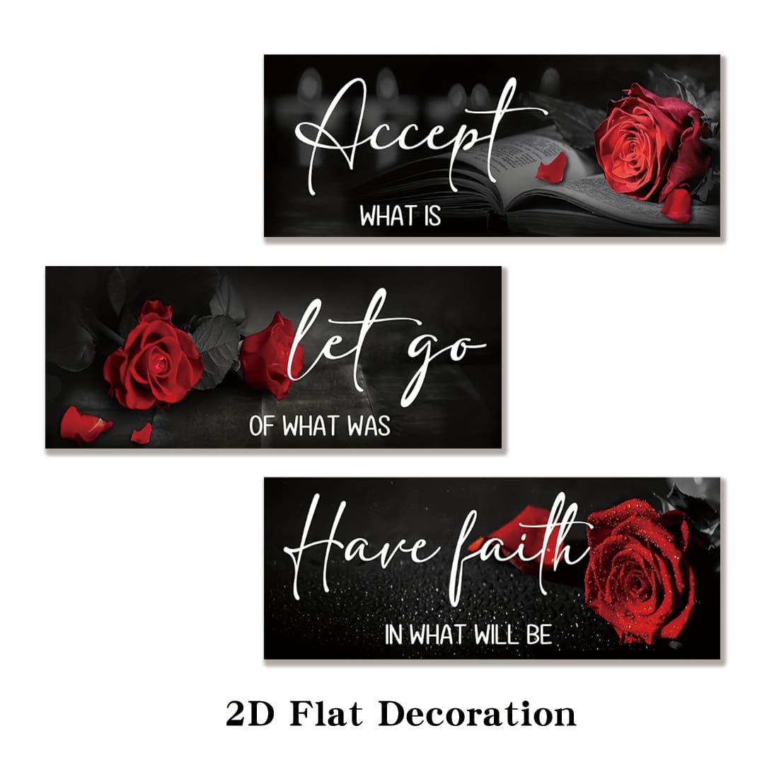 TEMU 2d Flat, 3pcs 2d Flat Wall Decor Posters, Frameless, Red Rose Inspirational Quotes "let Go And ", Farmhouse Style For Bathroom, Living Room, Bedroom, Size 4*10in, 2d Flat