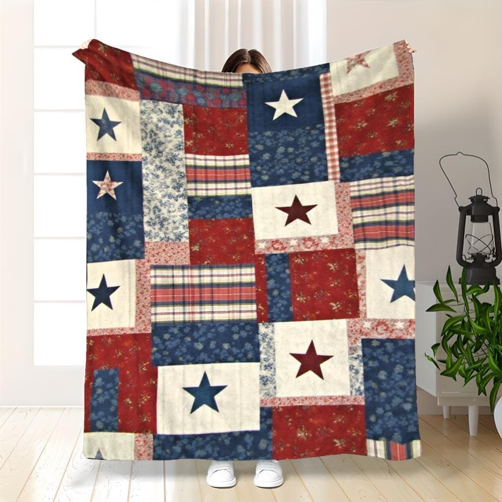 TEMU 1pc Patriotic American Flag Quilt - & Gingham Stars & Stripes Bedspread, Lightweight Soft Warm Bedding For Sofa, Bed, Camping, Day Decor, Machine Was Blanket, Bed Blanket,