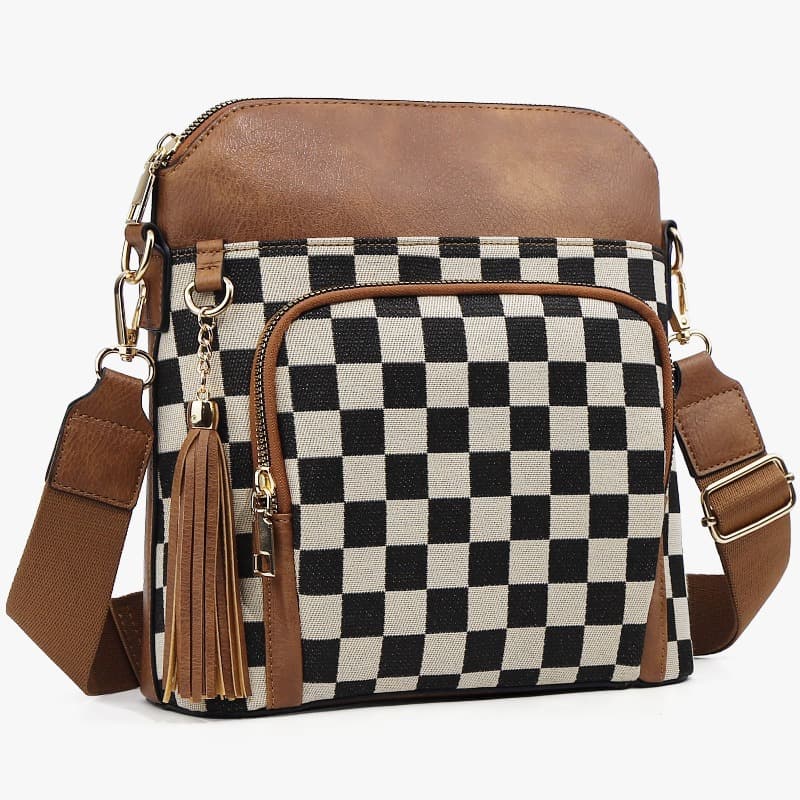 TEMU Spot Tk Cross-border Hot-selling Checkerboard Pattern Color Matching Shoulder Bag Zipper Shoulder Strap Messenger Bag Camera Bag Female
