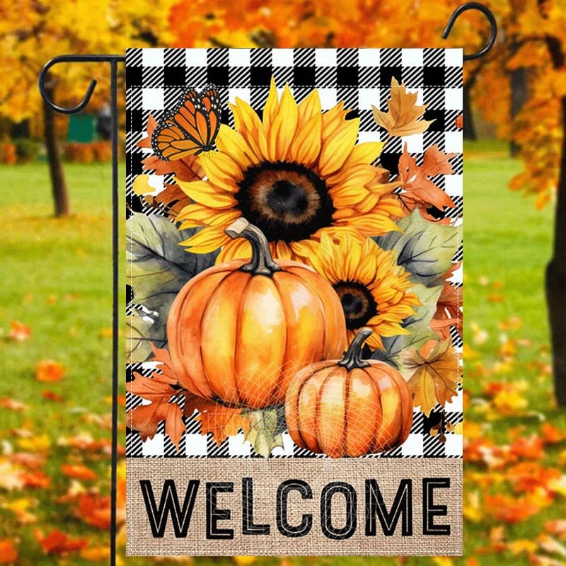 TEMU 1pc, Autumn Greeting Garden Banner, Pumpkin Sunflower Buffalo Check Flag For Fall Yard Decoration, Outdoor Double-sided Burlap Flag 12x18 Inches