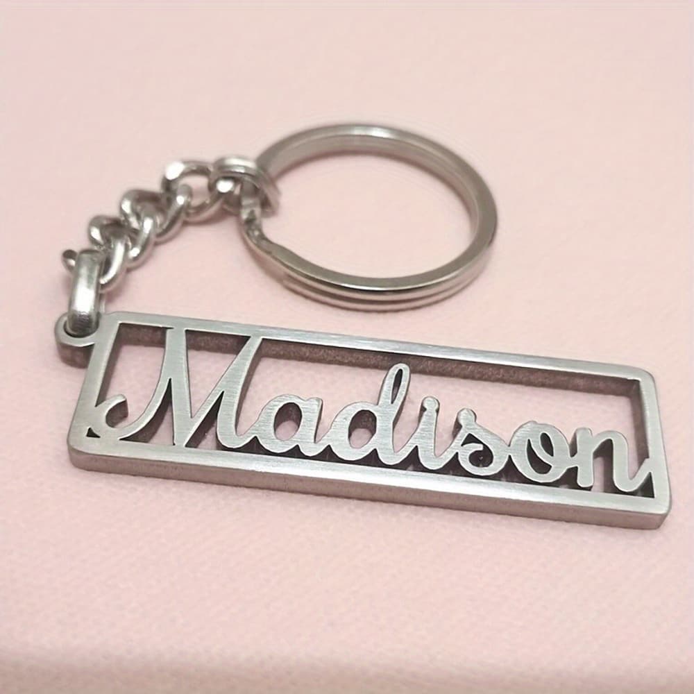 TEMU Custom Stainless Steel Keychain With Personalized Letters - Easy Rectangular Design, Durable Gift For Husband, Father, Or Family, Husband Souvenir | Elegant Accessory | Polished End