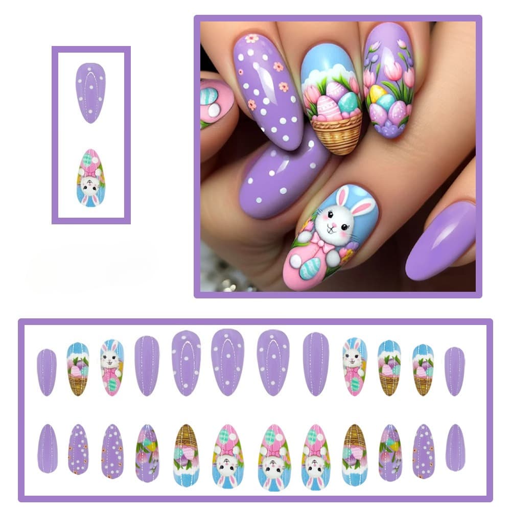 TEMU 48pcs Almond Press On Nails, Easter Purple Design With Eggs, Rabbits & Flowers, Cute & Fake Nails Suitable For All