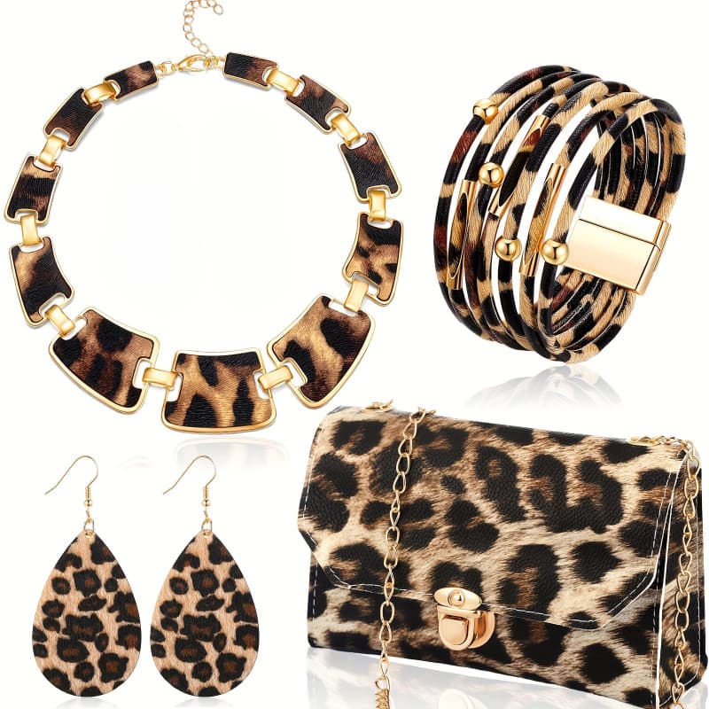 TEMU [fast Arrival] Women's 4pcs Leopard Print Jewelry Set Fashion Earrings Bracelet Necklace With Tassel Pendant Handbag Street Style Daily Holiday Wear Accessory Set