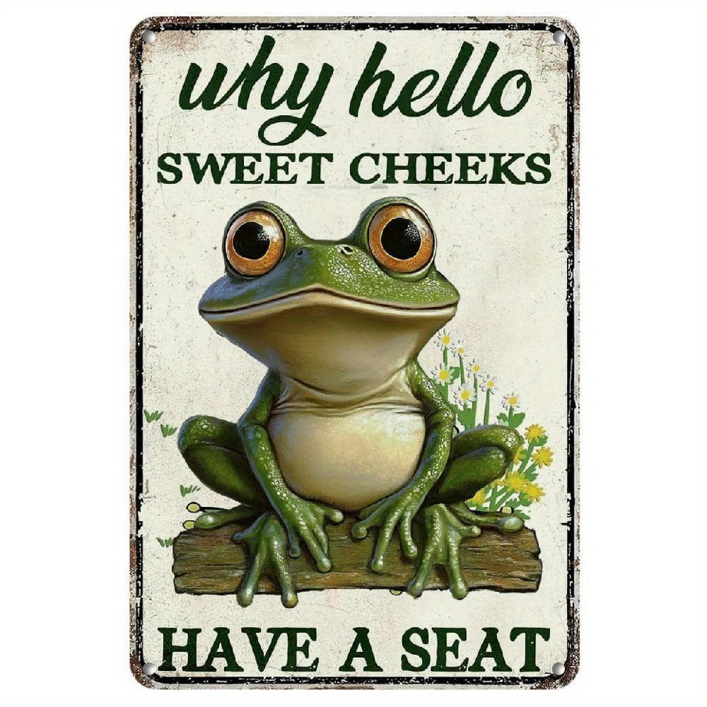 TEMU Vintage Metal Frog Sign - Why Hello Sweet Cheeks - Whimsical With Floral Accents, Rustic Wall Decor For Bathroom, Garden, Or Home, Frog Decor
