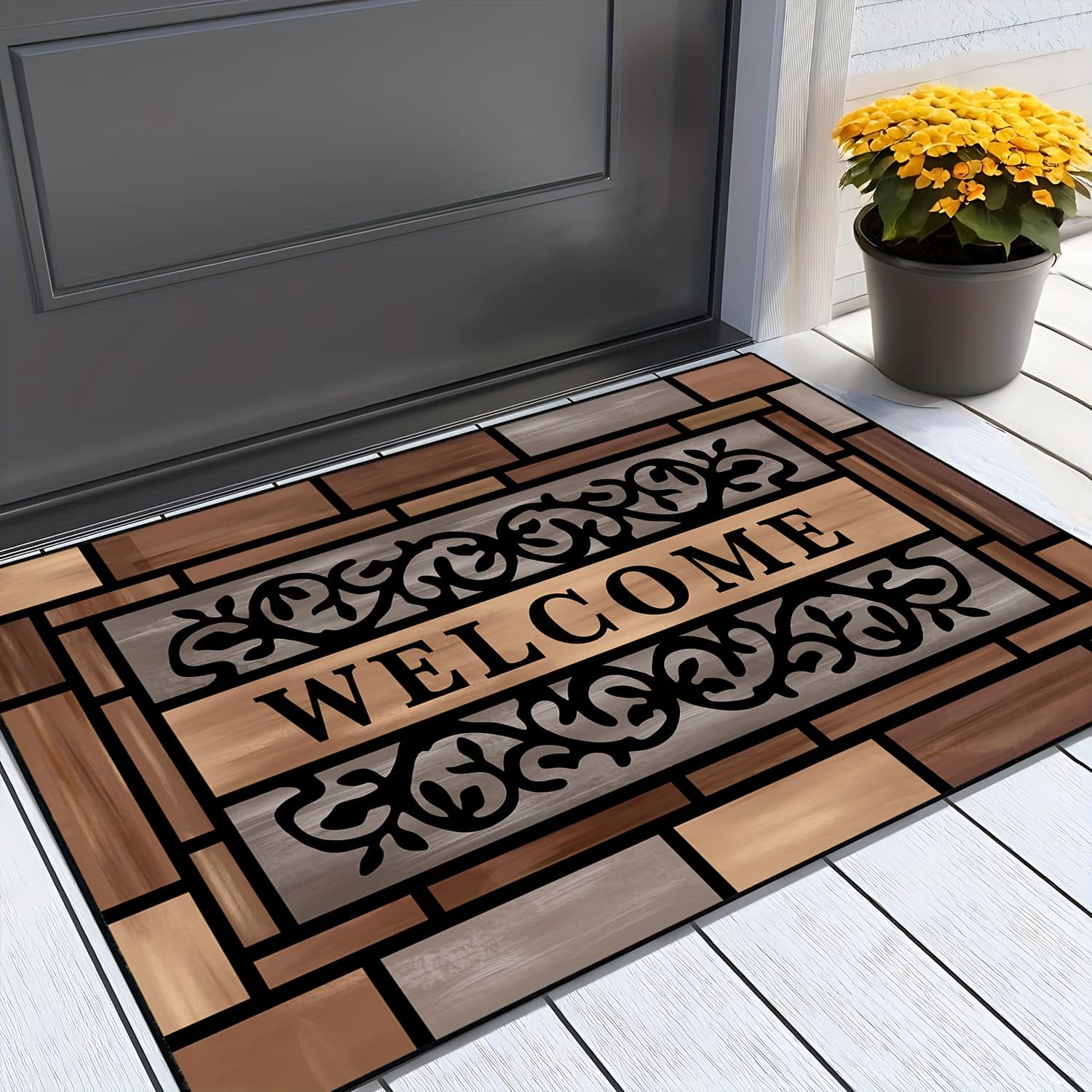 TEMU Sturdy Wooden Welcome Mat - Slip-resistant Wood Pattern Entrance Rug, Washable Indoor Carpet Ideal For Front Door, Porch, Office - Wooden Floor Decoration