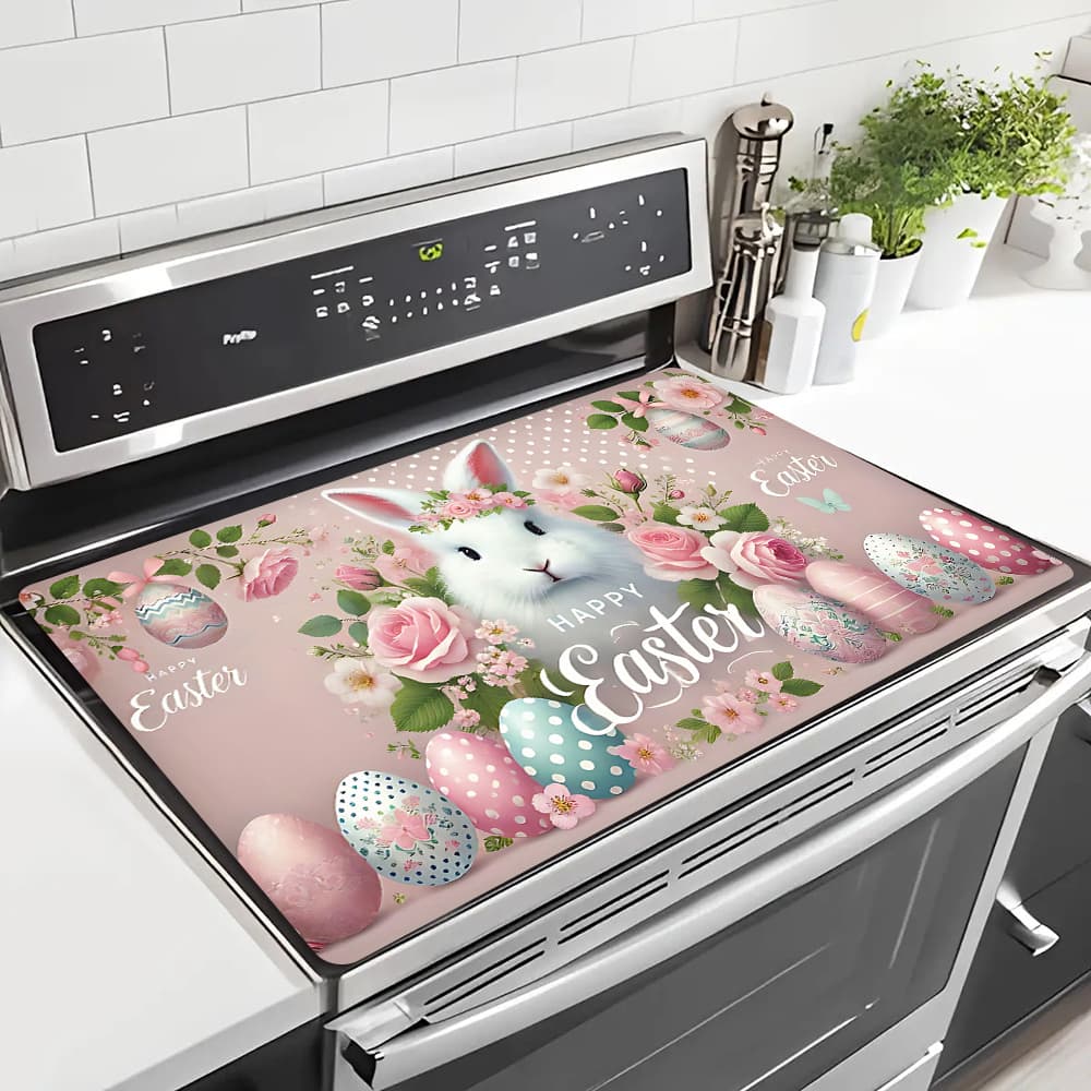 TEMU 1pc Stove Cover Protector, Easter, Easter Bunny With Flowers And Decorated Eggs Pattern, 28.3x20.4in Easy To Clean For Kitchen, Washing Machine, Dryer, Stovetop Panel Protector