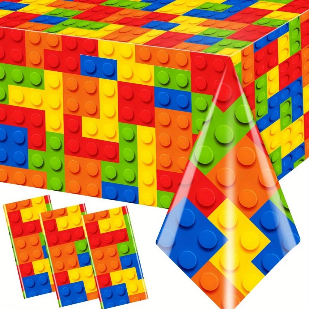 TEMU 3pcs Building Block Tablecloths, Building Block Birthday Party Supplies High Quality Plastic Colorful Blocks Bricks Table Cover For Building Decoration