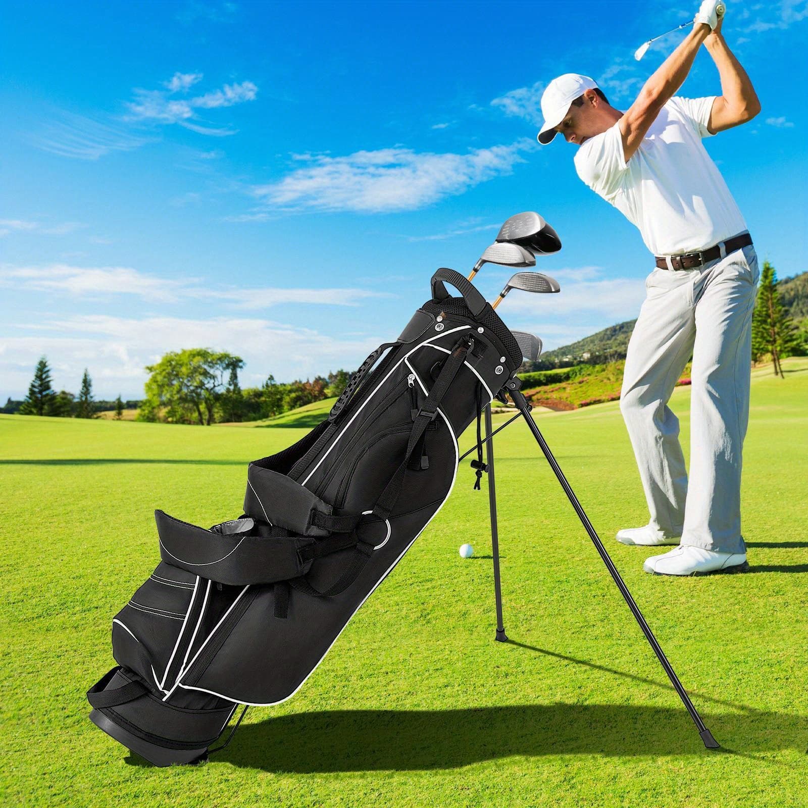 TEMU Multigot Golf Stand Bag, Golf Club Bag W/4 Way Top Dividers, 4 Zippered Pockets, Cooler Bag, Dual Shoulder Strap, Rain Hood, Umbrella Holder, Lightweight Portable Golf Bag For