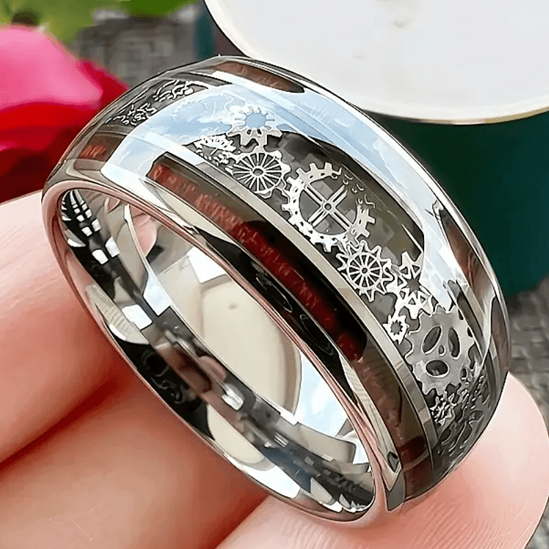 TEMU Fashion 10mm Silvery 316l Stainless Steel Ring Mechanical Gear And Wood Grain Ring Men's Punk Party Ring Jewelry Gift