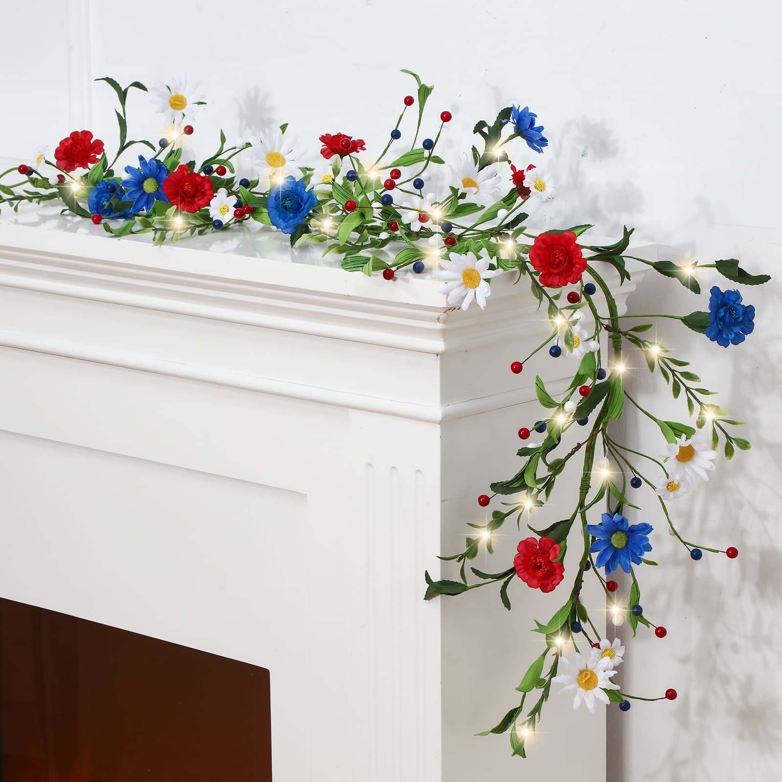 TEMU Garlands 250th Anniversary Ring Garland Flower With 30 Lights Patriotic Red White And Blue Metal Pentagram Embellished Berry Branches Patriotic Ornament For Day Wall Door