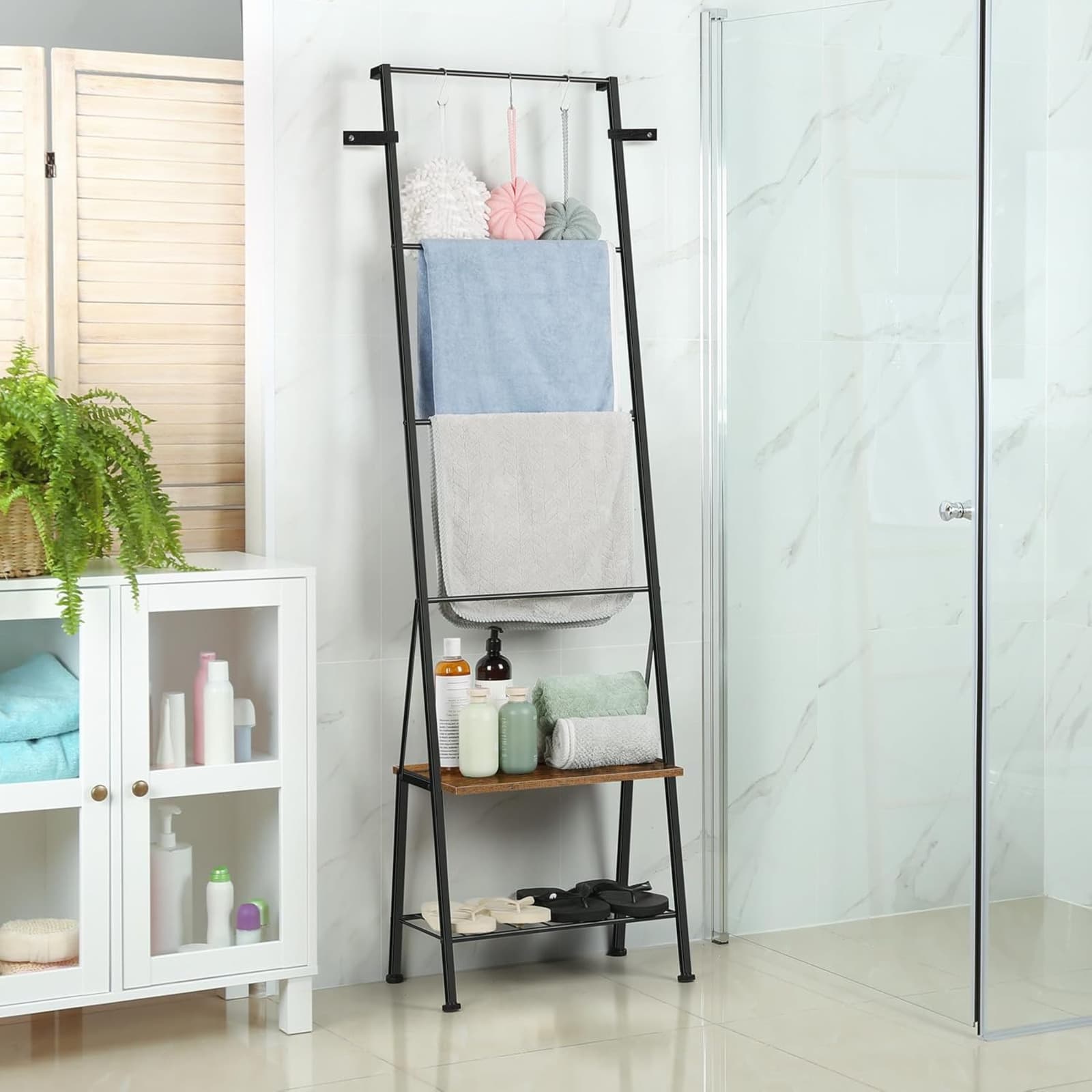 TEMU Farmhouse Blanket Ladder Holder With Storage Shelf & Hooks - Rustic Iron Freestanding Decorative Ladder Shelf, Towel Holder For Bathroom, Living Room, Bedroom - Sturdy Space-saving Organizer