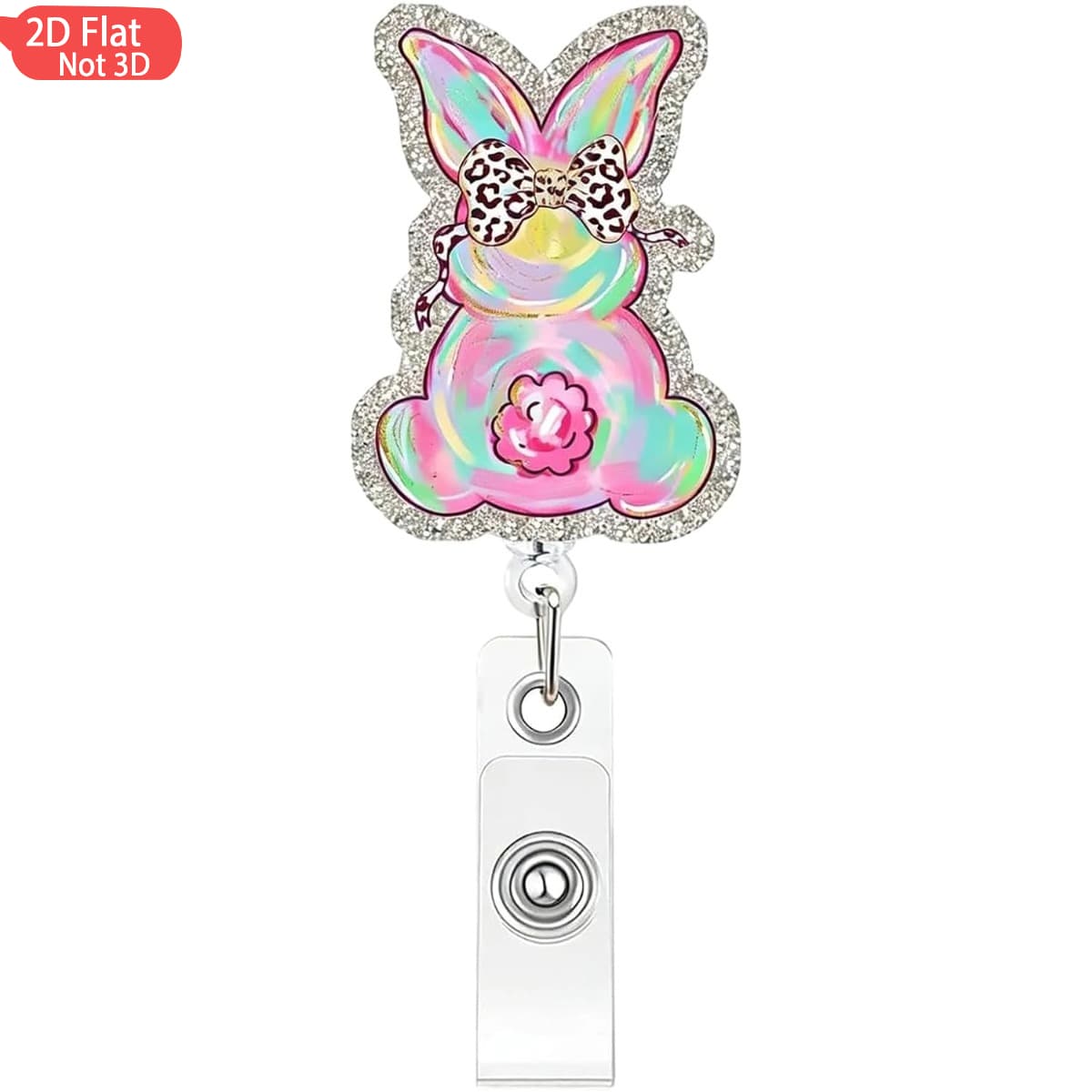 TEMU [2d] Easter Bunny Badge Reel, Leopard Print Bow | Glitter Edge Acrylic Pendant, Ultra-long Retractable Id Card Holder & Strong Clip, Suitable For Women, Nurses, Doctors, Teachers, Additions