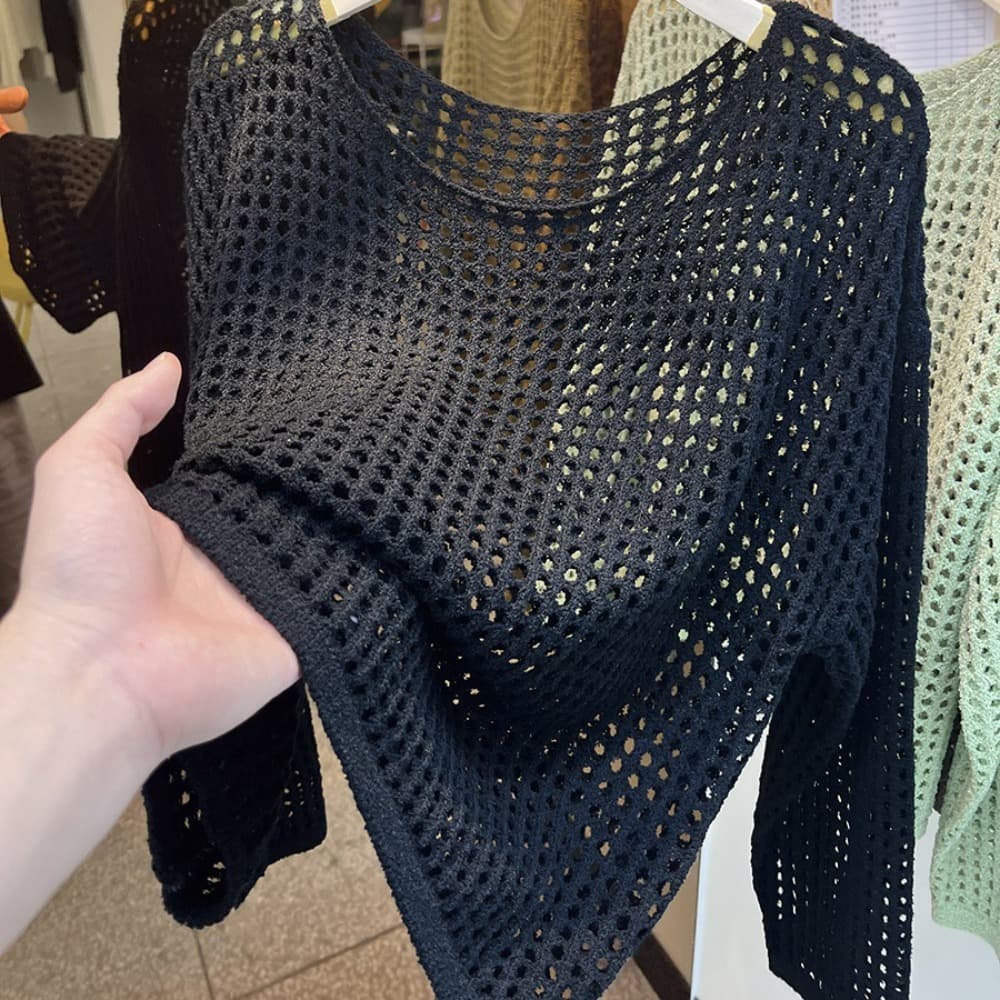 TEMU Sheer Crochet Mesh Long Sleeve Top - Lightweight Hollow Out Cover-up, Summer Beach And Blouse For Women