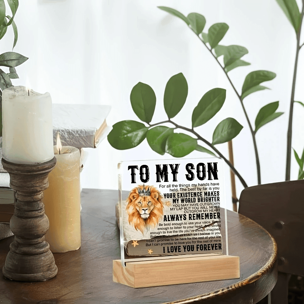 TEMU 2d Flat, Bohemian Style Acrylic Desk Decor | Inspirational Lion Crown & Quotes Plaque, Best Son Ever Gift From Mom & Dad, Birthday Thanksgiving Present, No Electricity Needed Home Office Decor