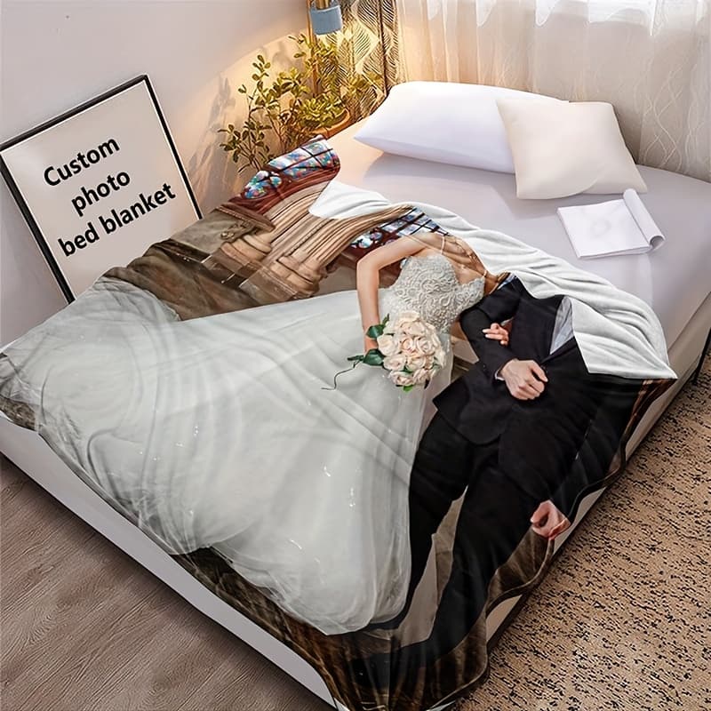 TEMU 1pc Of 280gsm 2d Customizable Photo Flannel Bed Blanket, Personalized Photo Bed Blanket, Picture Bed Blanket, Decor, Gift For Weddings, Birthdays, Parties, March , 's Day, Easter