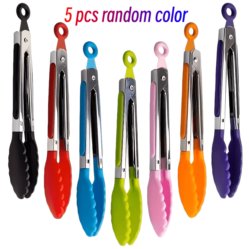 TEMU 5-pack Random Color 8-inch Silicone Kitchen Tongs | Stainless Steel Handle, Nylon Clip, Heat Resistant , Lockable Design