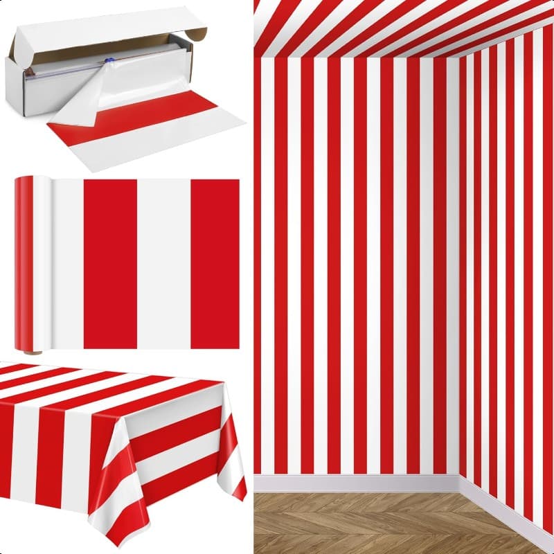 TEMU 100 Ft X 54 Ft Red And White Striped Tablecloth Box - Disposable, Carnival Party Backdrops For Table, Stage And Event Decor