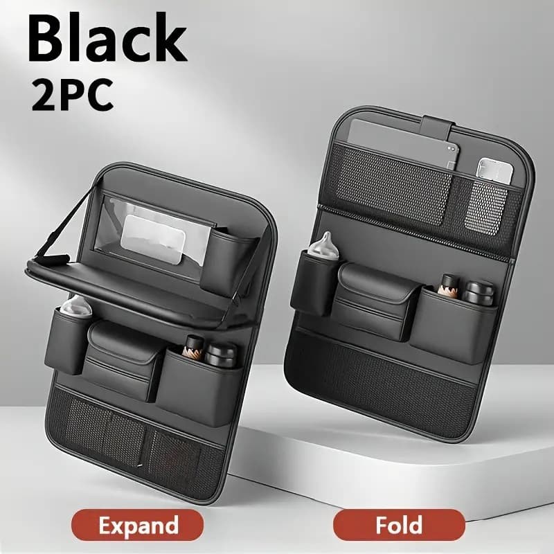 TEMU 1/ 2pcs Faux Leather Car Backrest Organizer With Foldable Table Holder, Car Seat Backrest Protection Pad, And Foldable Car Seat Organizer With Tablet Stand