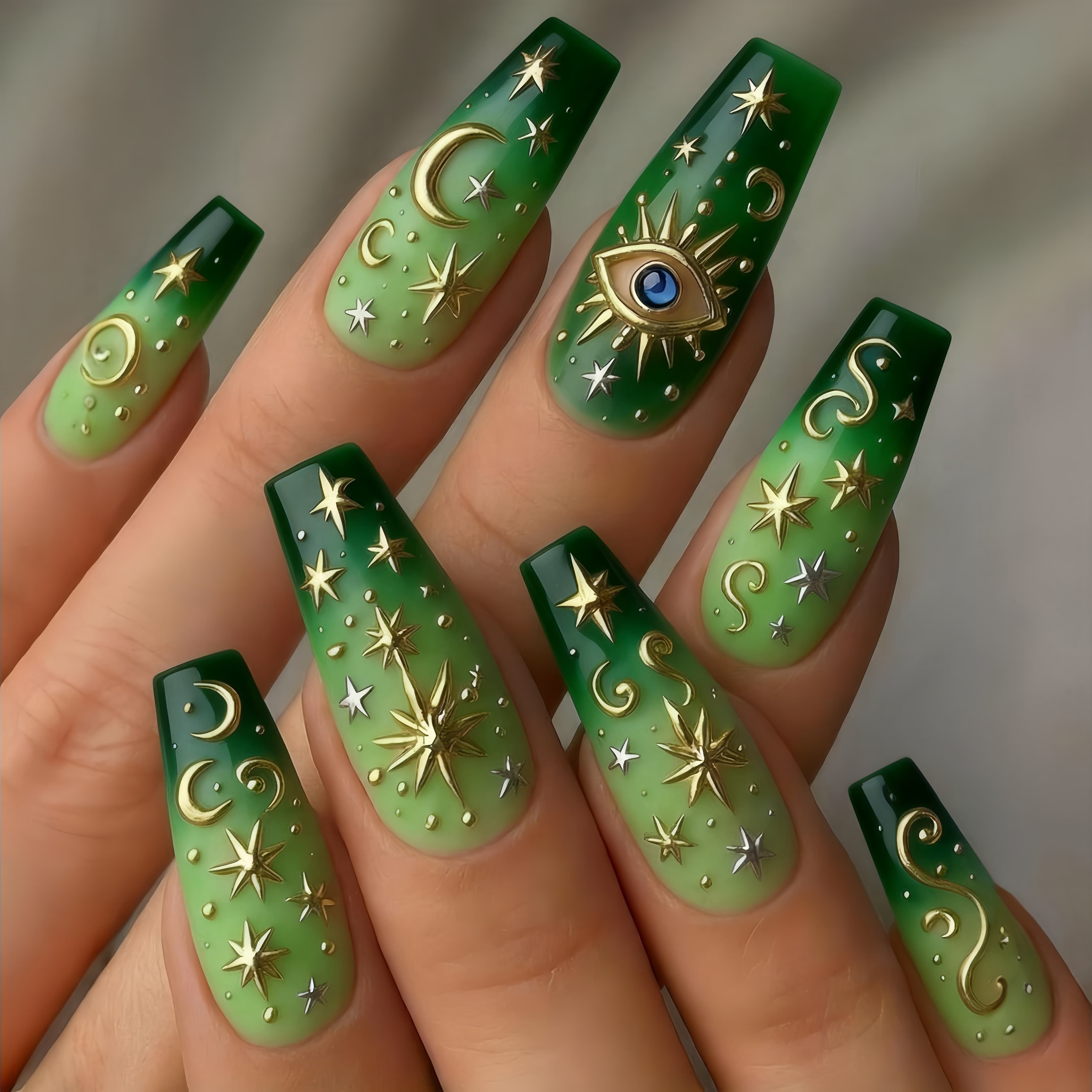 TEMU 24pcs Gilded Evil Eye Star Moon Green Gradient Press-on Nails, Long Ballet Style Glossy Manicure, Reusable Detachable Fake Nails For Women