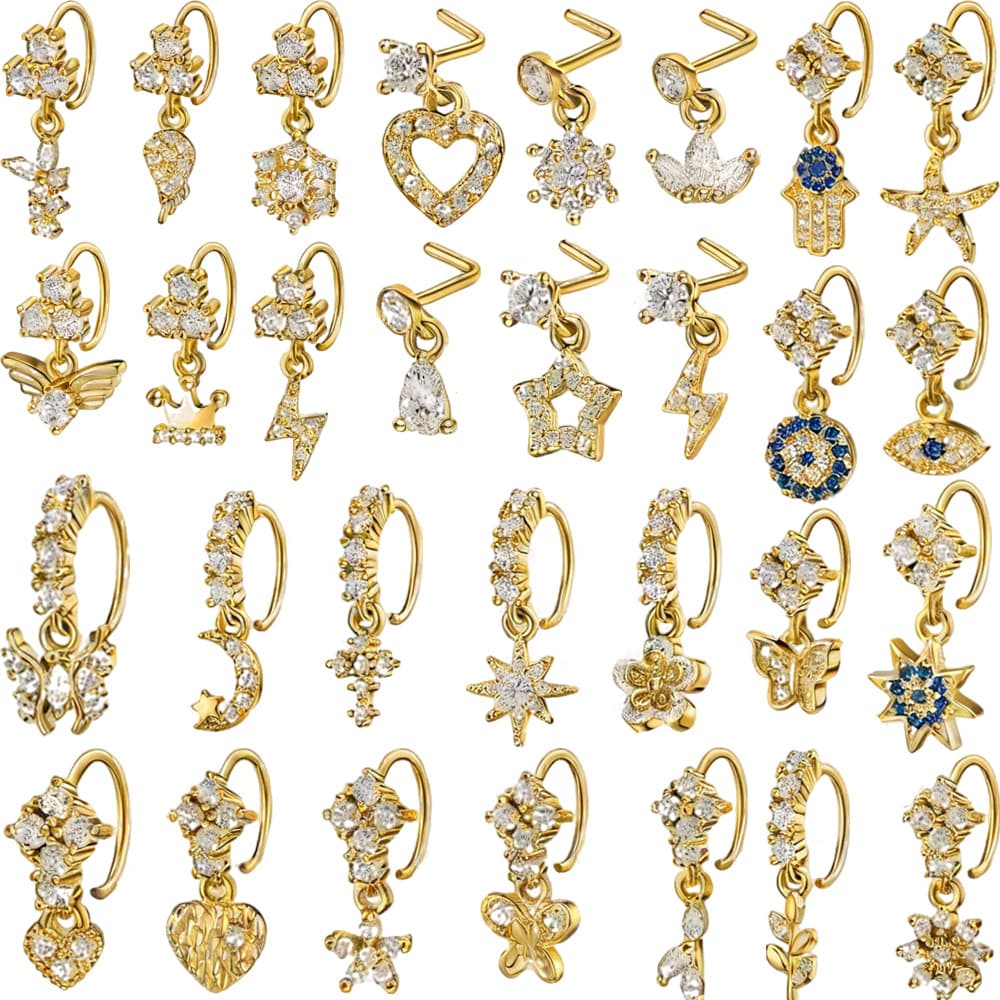 TEMU 30pcs/pack 14k Gold Plated Nose Rings Suitable For Women' Body Piercing Jewelry, L-shaped & Hoop Nose Studs With Synthetic Zirconia Inlay, Charms, Bohemian For & Casual Attire, Copper Alloy Hoops