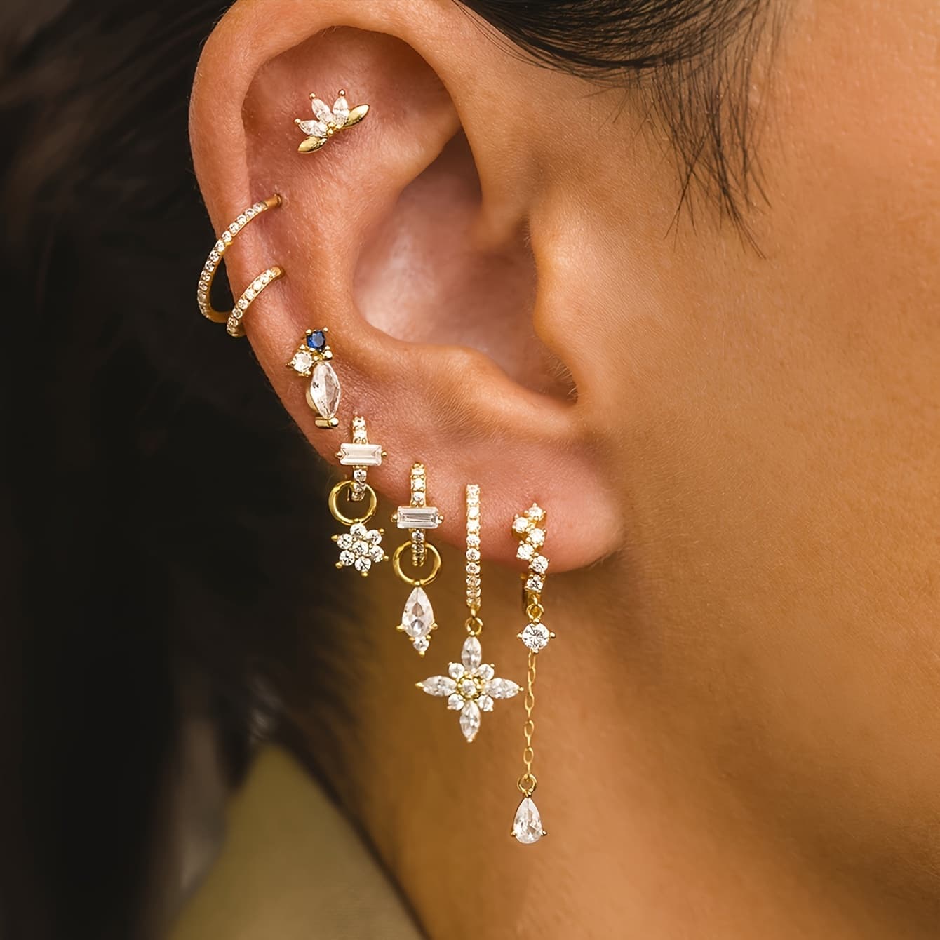 TEMU 8pcs Huggie Hoop Earrings For Women Long Chain Fringe Hoop Earrings Cubic Synthetic Zirconia Pendant Earrings Jewelry Gift