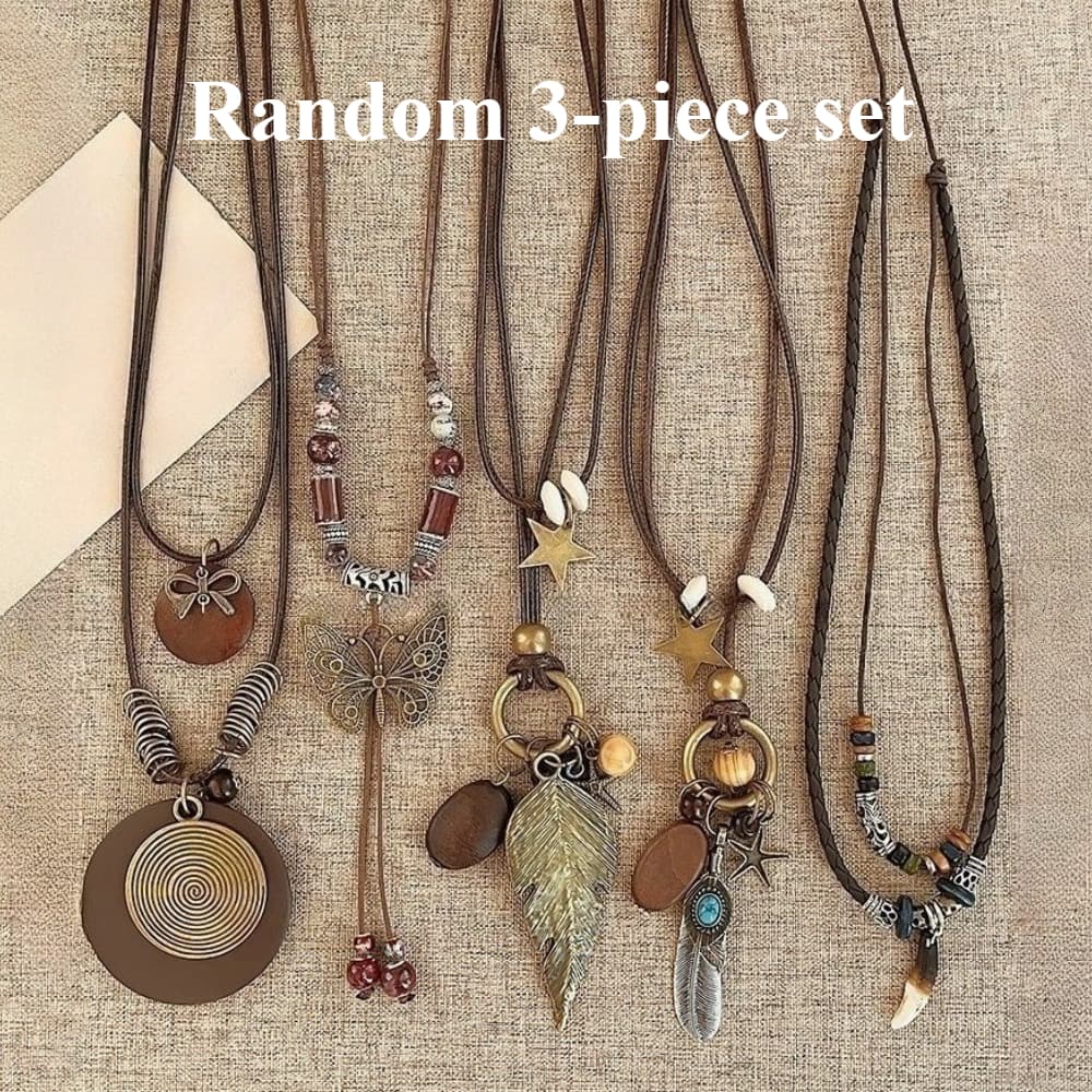 TEMU Bohemian Random 3pcs Necklace Set For Women, Long Vintage Y-drop Layered Choker With Feather, Leaf, And Star Pendants, Elegant Style Jewelry For Daily Wear, Party And Gift