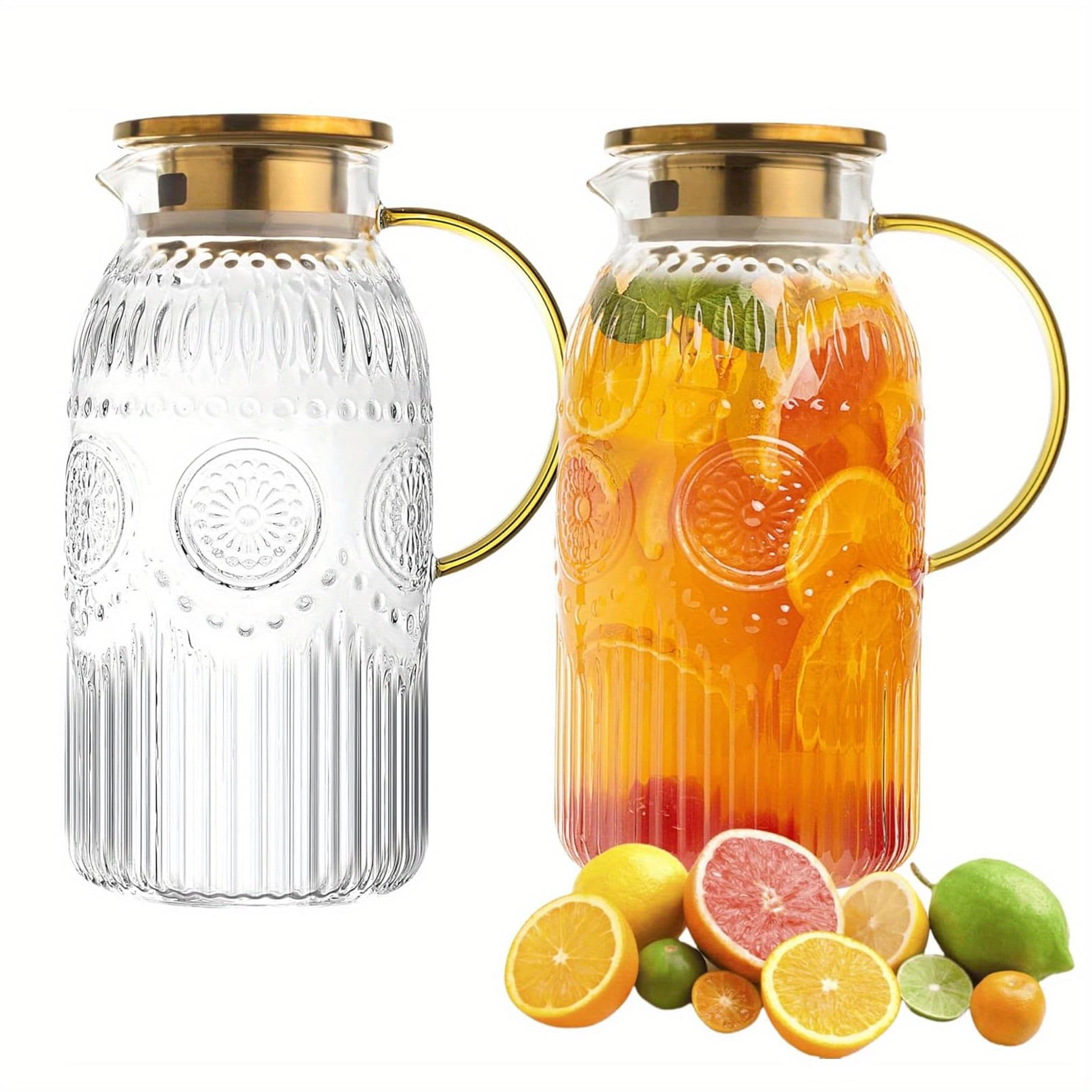 TEMU 68oz/2 Liter Glass Pitcher With Lid - Vintage Water Jug, Heat-resistant Glass Carafe Suitable For Cold Brew, Coffee, Lemonade, Iced Tea - Lid, Glass Jug For, Parties, Picnics, Camping, Office