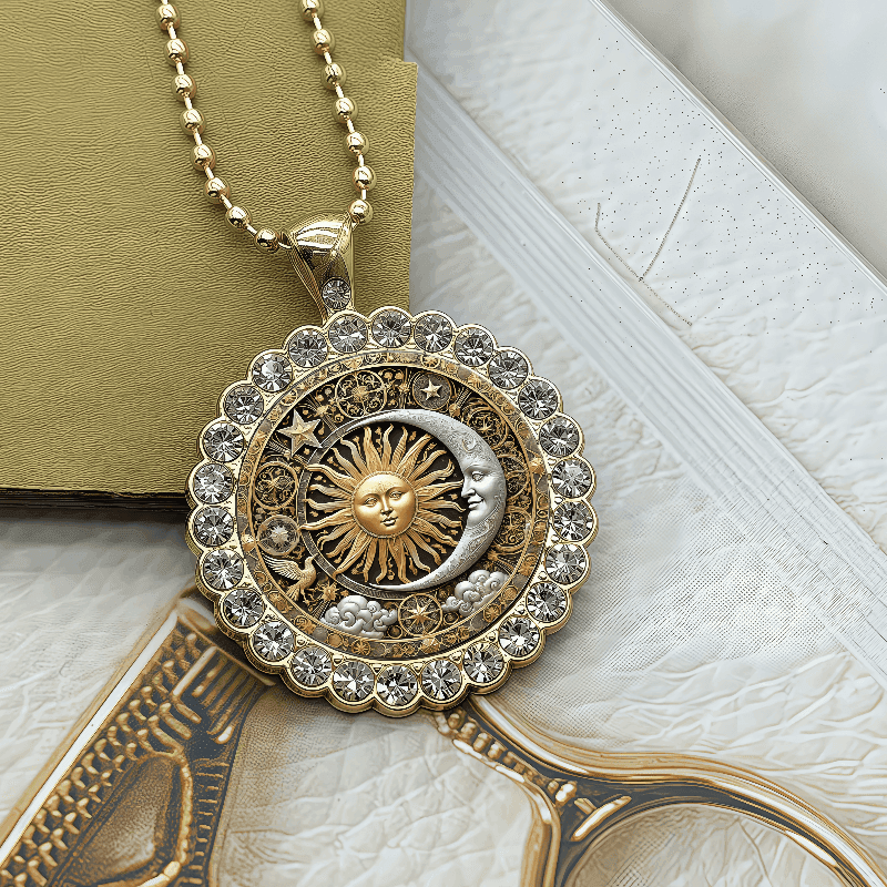TEMU Mysterious Vintage Golden Geometric Sun And Moon Pendant Necklace For Women, Wear For Daily, Party, Occasions, Exquisite Details, Fashion Accessory, Statement Piece, Ideal Gift