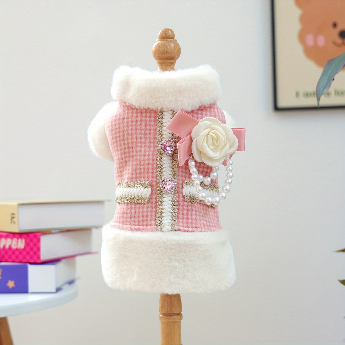 TEMU Pink Petite Chic Pet Vest, Fall Winter Thickened Pearl Bow Dog Warm Coat, Small Dog Teddy Poodle Bichon Pomeranian Puppy Cat Universal Pet Apparel