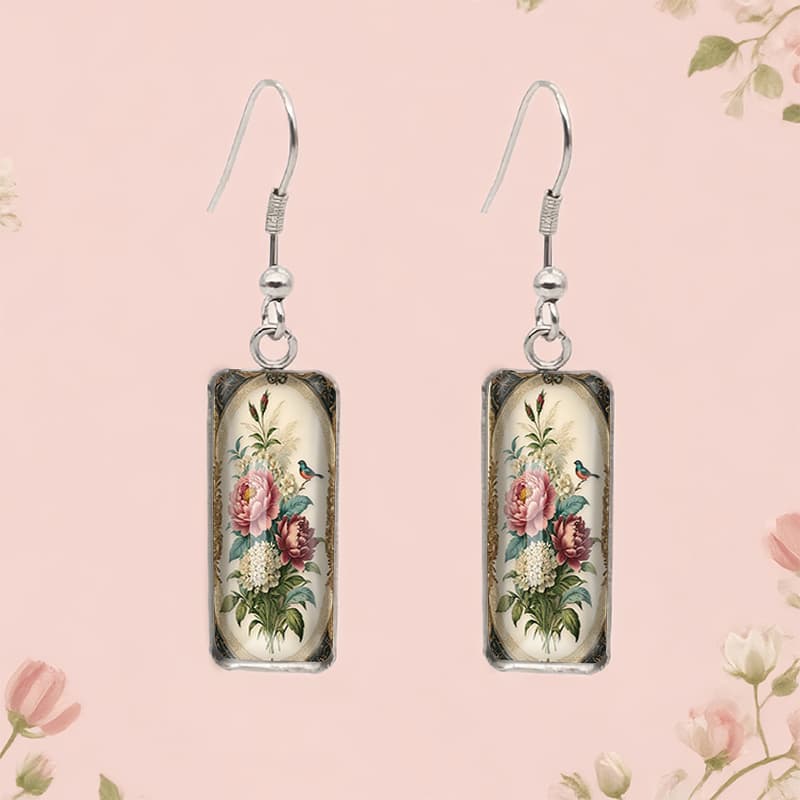 TEMU Fashionable Retro Flowers And Birds Illustration Rectangular Hook Hanging Earrings Glass Earrings Gift, Without Battery