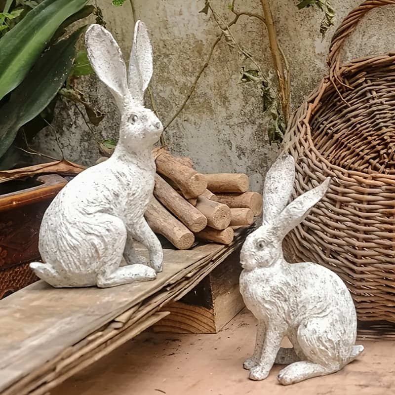TEMU 2pcs Distressed Wood Stamp Half Rabbit Resin Sculpture Animal Decoration Garden Balcony Decor, Cracked And Peeling Distressed Effect, Garden Home Decor Outdoor Landscape Vintage Statues