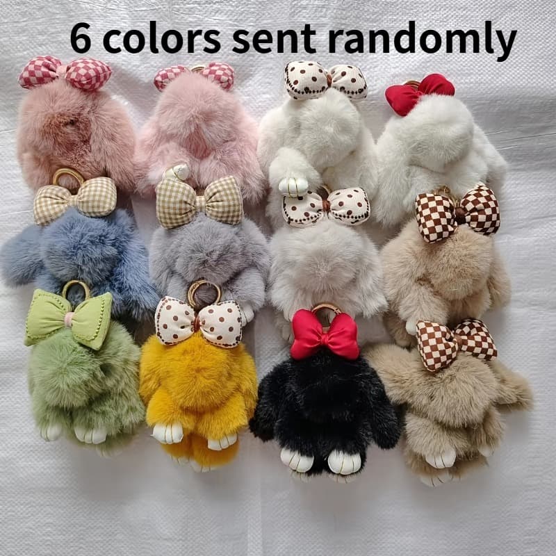TEMU 6pcs/set Soft Fluffy Bunny Keychain | Random Colors, Cute Animal Theme, Round Shape, Pendant, Alloy Ring Hook