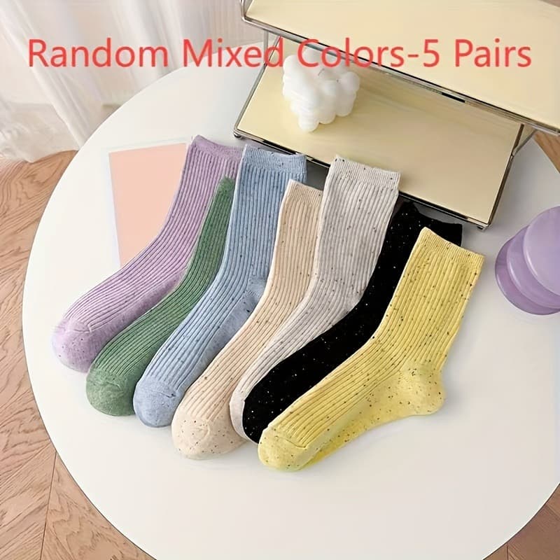 TEMU 5 Pairs Of Random Color Mid Tube Women's Socks, Fashionable Candy Color Cute Idea Gauze Fully Comfortable Casual Long Socks