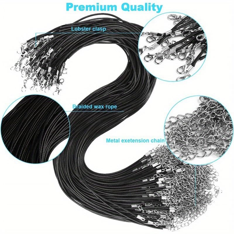 TEMU Set Of 48 Nylon Rope Necklaces, Featuring A 1.5mm Thick Black Chain Measuring 45cm With An 5cm Tail Chain, With A Lobster Clasp. This Black Korean Waxed Rope Chain Is Ideal For Jewelry Crafting