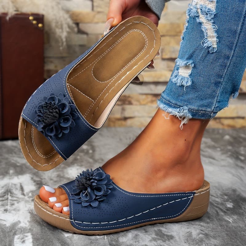 TEMU 4cm Elegant Women' Slippers With Floral Accents - Open Toe, Flat Heel, Synthetic Upper, -on Design, Ideal For Comfortable Summer Wear, Strappy Sandals, Women Shoes
