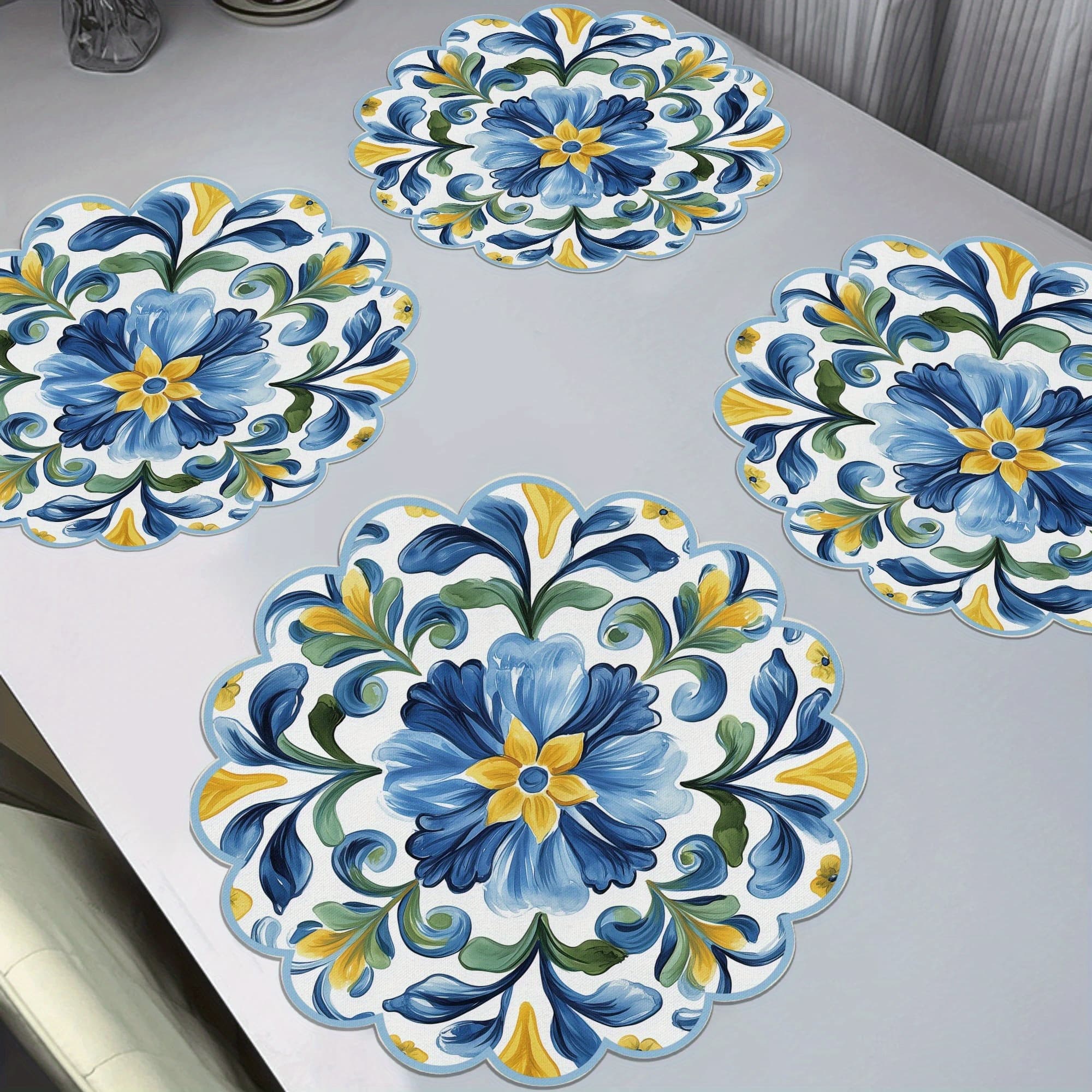 TEMU 6pcs Yellow Pattern Round Placemats - Non-slip, Heat Resistant Fabric, , 15' - & Yellow For Winter Dining & Party Decor, Party Table Settings | Floral Pattern Placemats | Fabric Mats