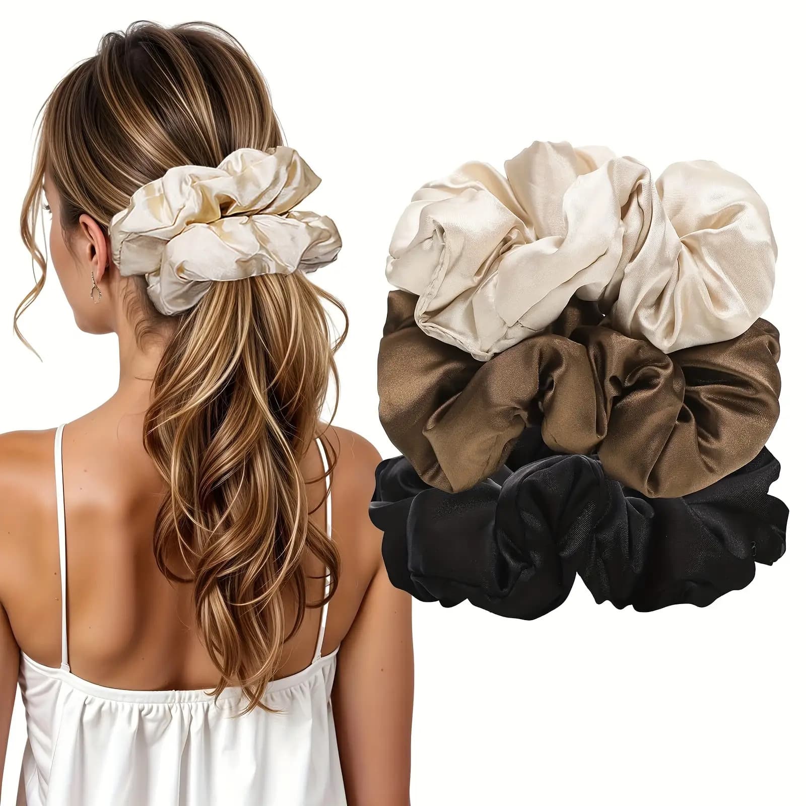 TEMU 3pcs Satin Large Hair Ties, Suitable For Women's Oversized Silk Sleeping Hair Scrunchies, Ideal For Thick Curly Hair