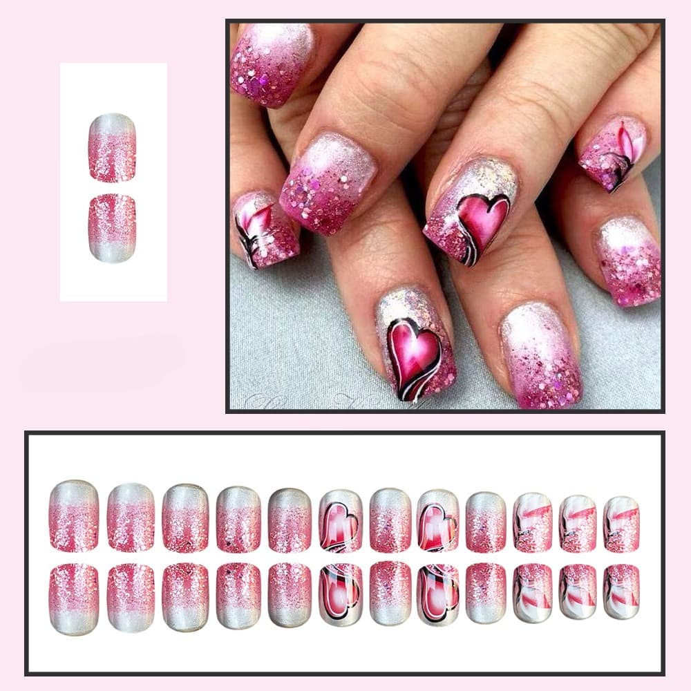 TEMU 48pcs Short Square Press- Nails Compatible For Women & - Valentine's Day Pink White Glitter Gradient With & Heart Designs, Short Length Art For Spring Summer Parties, Romantic Manicure