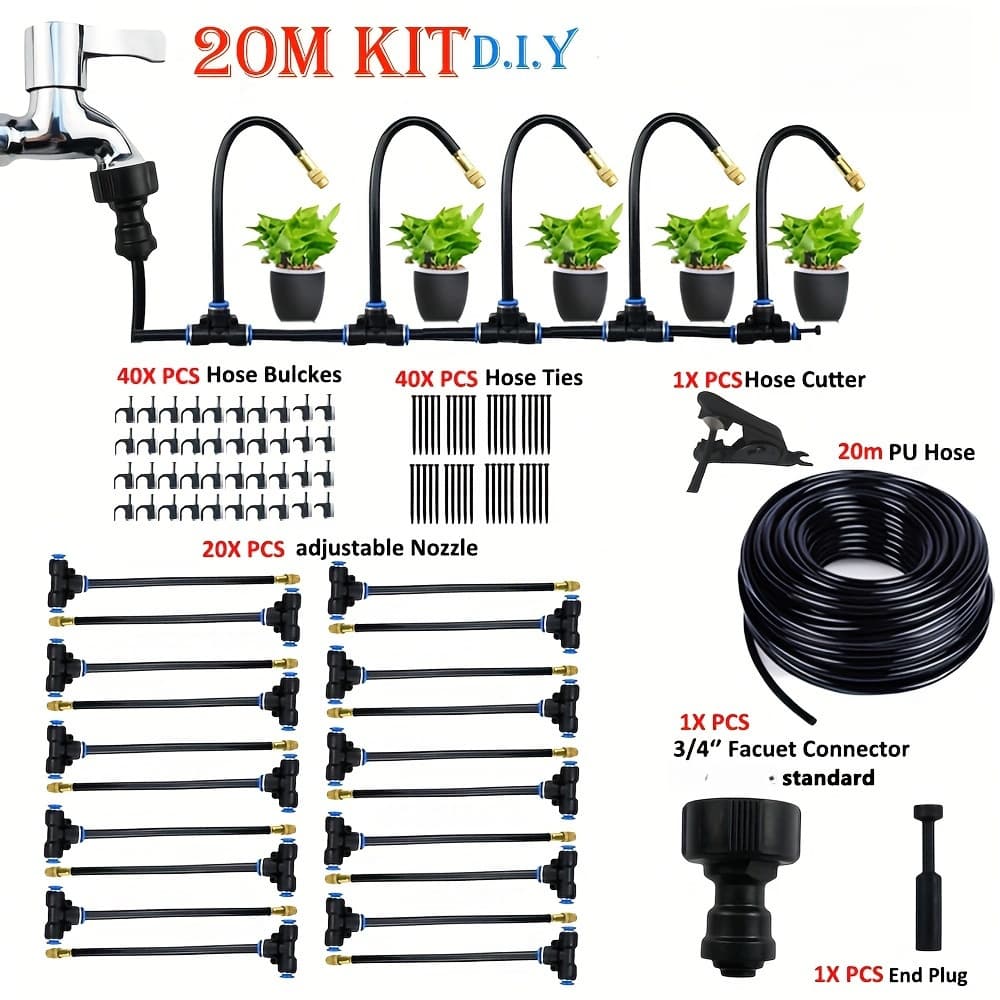 TEMU 20m Micro-drip Irrigation Kit, With Adjustable 7.87" Brass Mist Nozzles - Automatic Watering System For Balcony And Greenhouse Gardening, No Electricity Required