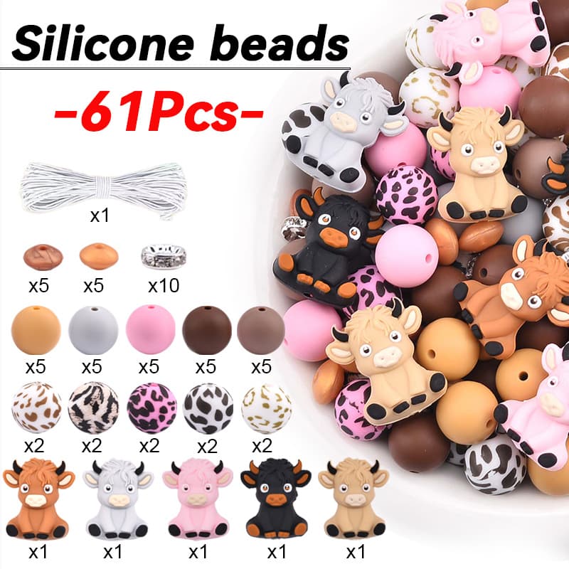 TEMU 61pcs 3d Highland Cow Theme Silicone Focus Bead Set - Brown Cow Animal Shaped Silicone Beads, Round Cow Print Silicone Beads For Crafts Jewelry Necklaces Bracelets Keychain Making